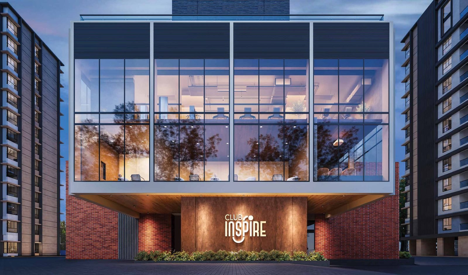 Artist's impression of Club Inspire clubhouse facade at dusk