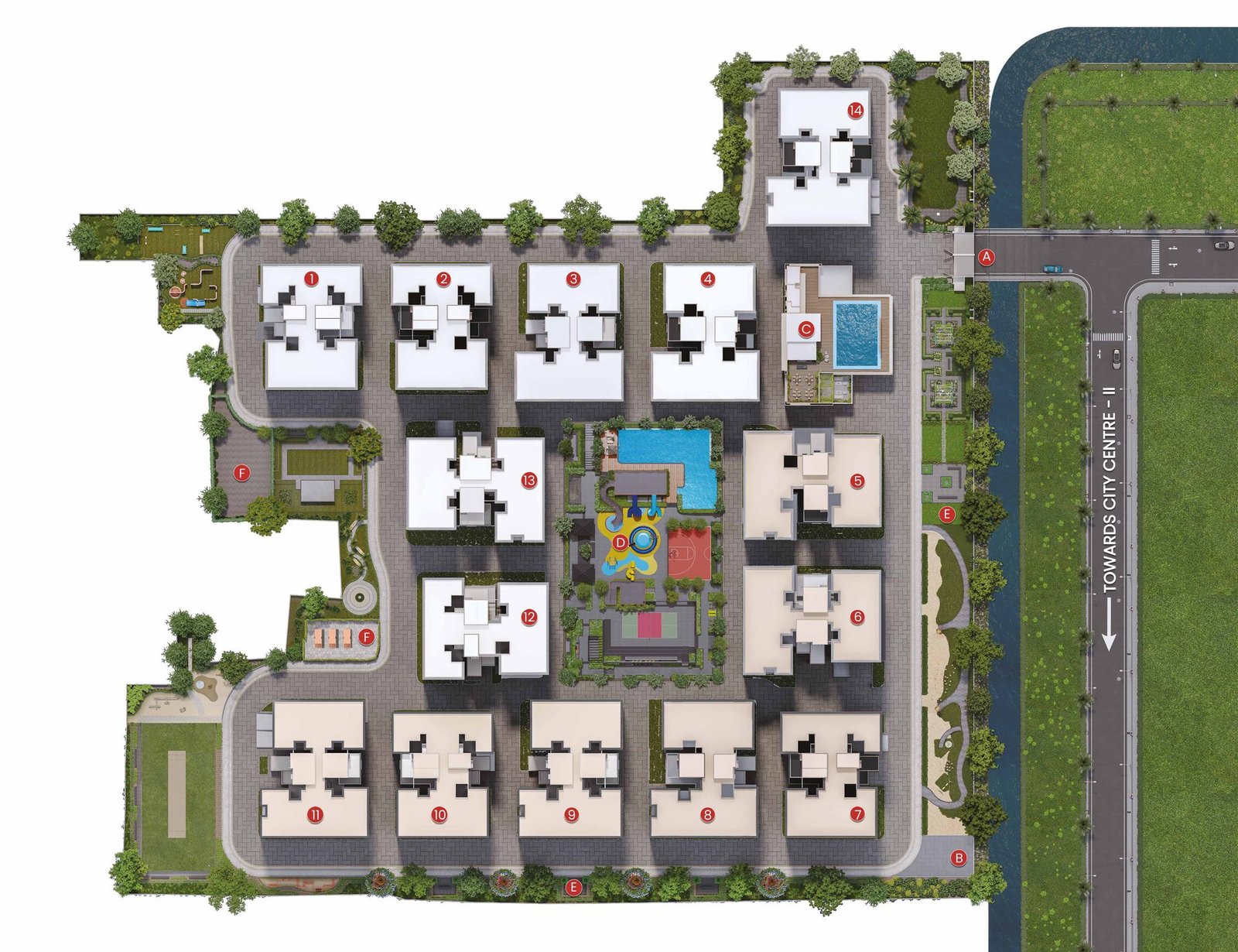 Inspire master plan showing 14 towers, club and podium