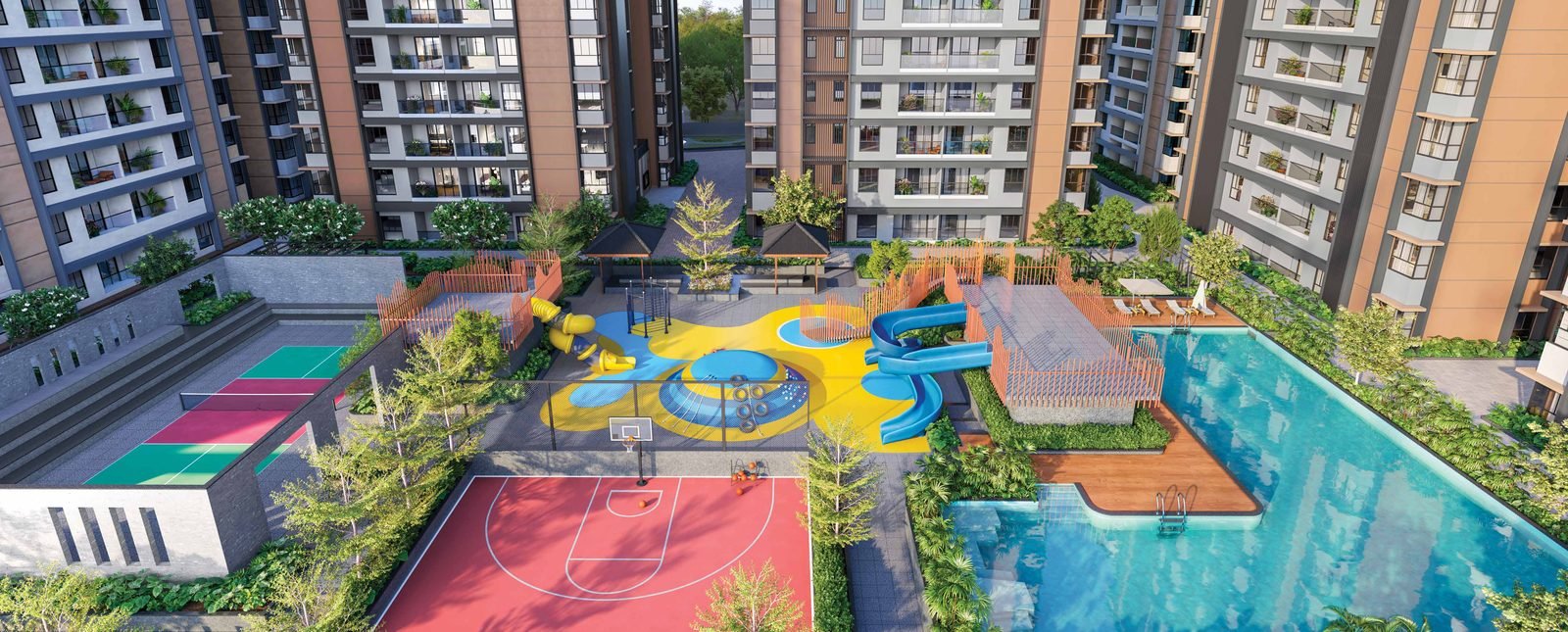 Artist's impression of the central podium with courts, play area and pool